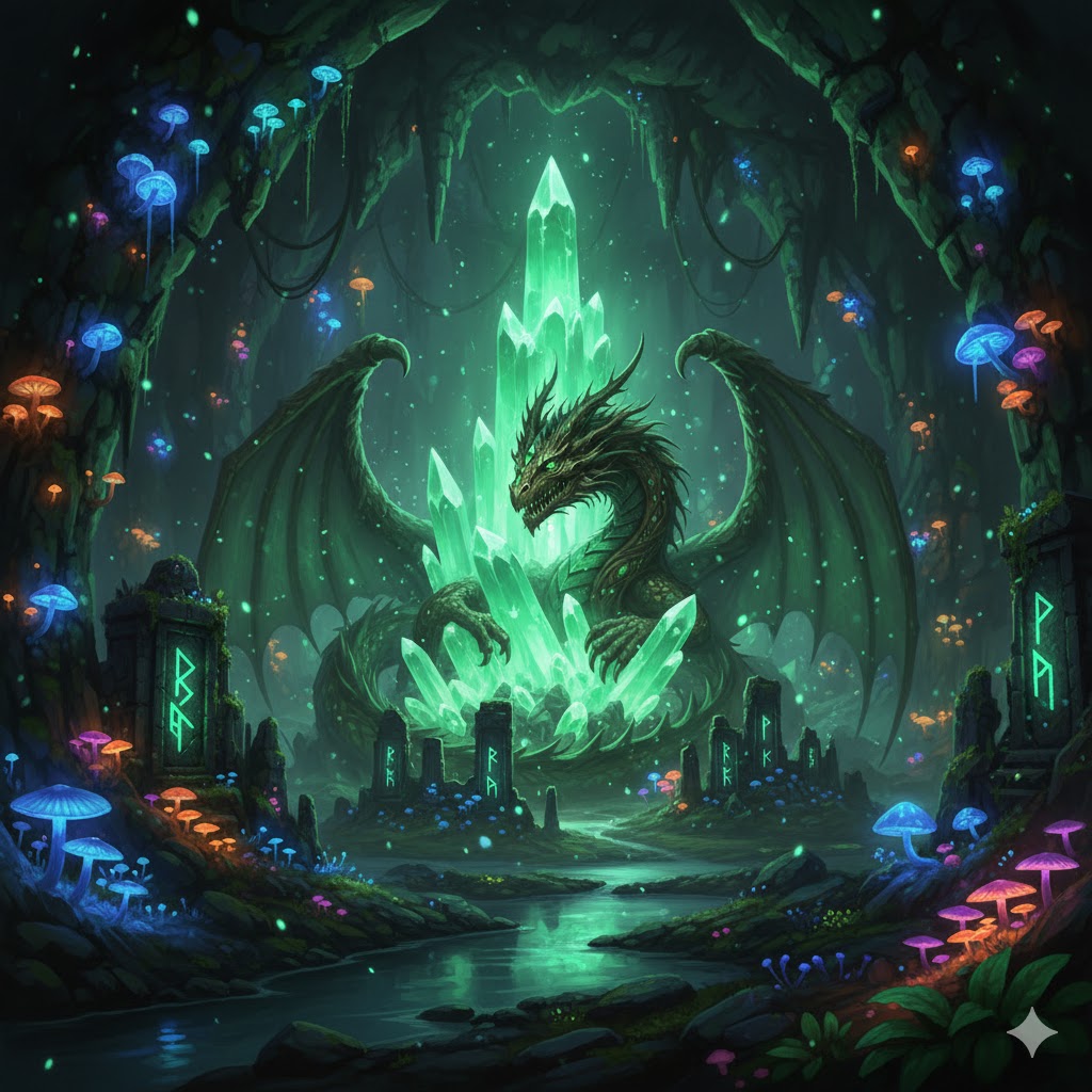 Wide shot of the cavern interior with magical atmosphere